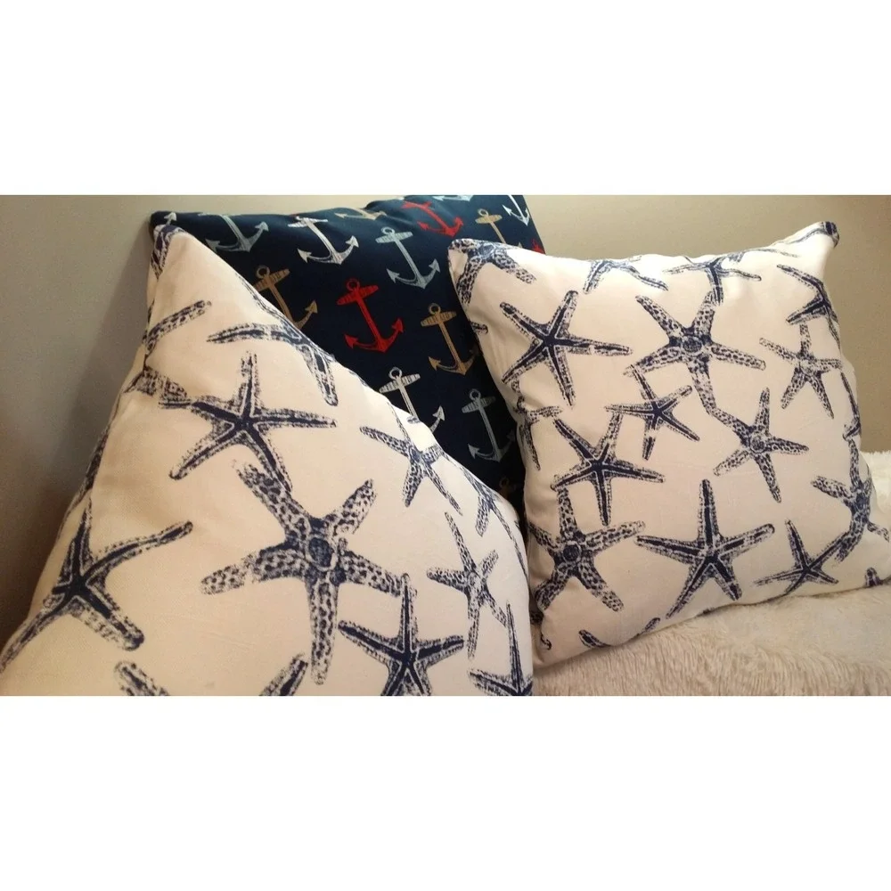 Starfish 20X20 Zippered Throw Pillow‎ Covers Pair Navy White Premier Prints NEW